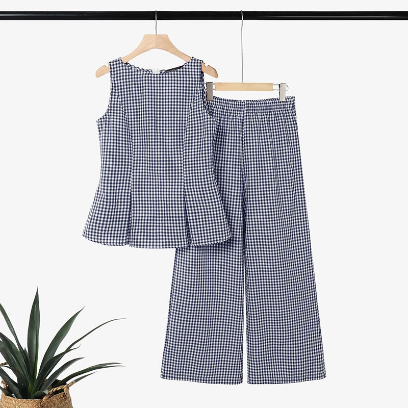 ZANZEA 2026 Women Gingham Check 2-Piece Matching Sets O-Neck Tank Tops & Wide Leg Pants Suits Summer Casual Streetwear Co-ords