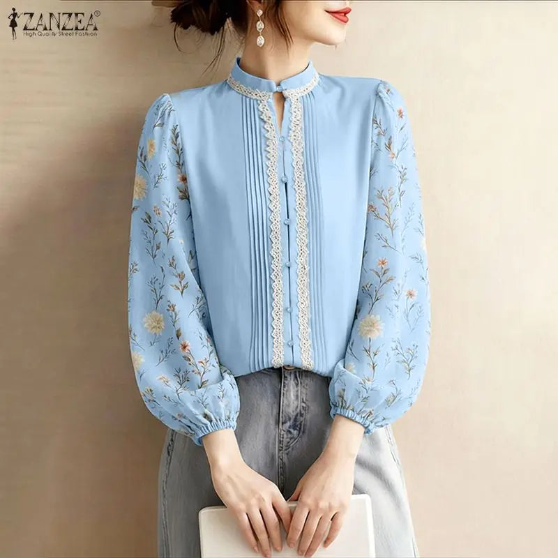 ZANZEA Lace Patchwork Pintuck Details Shirts Women's Elegant Mandarin Collar Floral Puff Sleeves Button Up Shirt Woman Tops 3XL