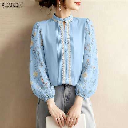 ZANZEA Lace Patchwork Pintuck Details Shirts Women's Elegant Mandarin Collar Floral Puff Sleeves Button Up Shirt Woman Tops 3XL