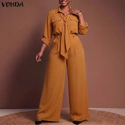 VONDA Plus Size Women Suits Long Sleeve Lapel Neck Tops High Waisted Pants Sets Casual Loose Solid Color Outfits Two-piece