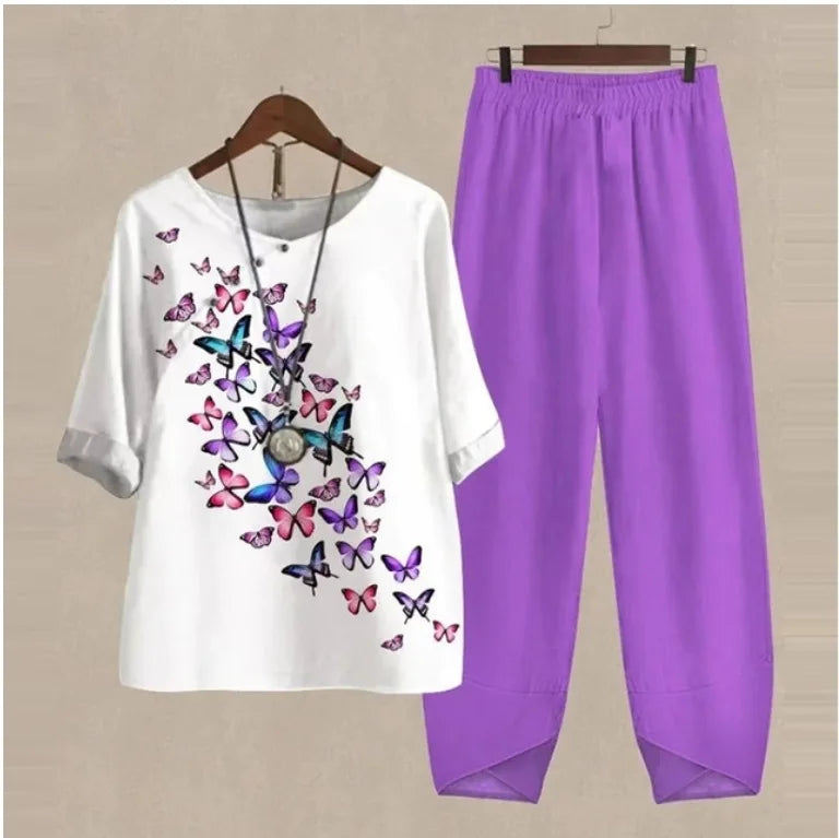 Summer Casual Two Piece Sets Women Loose Short Sleeve T-Shirt High Waist Pants Print Outfits Ladies Elegant Vintage top Pantsuit
