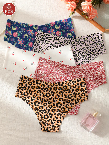 5-Piece Set of Women's Seamless Invisible Triangle Panties, Fully Printed Design, Comfortable and Stretchy Women's Underwear