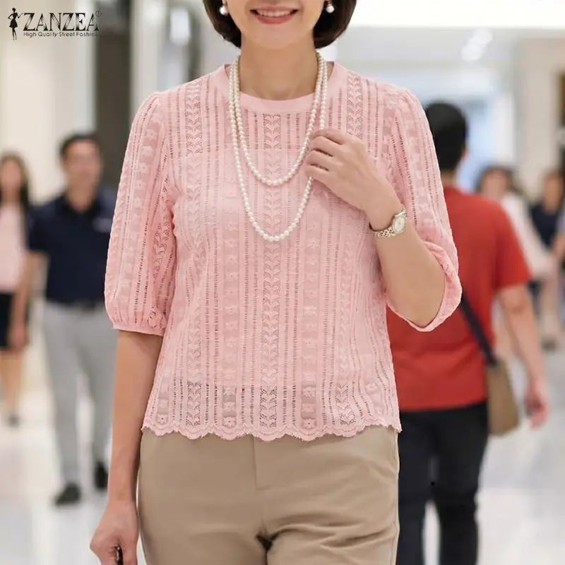 ZANZEA Womens Openwork Lace Blouses Elegant Half Puff Sleeve Solid Color O-Neck Tops 2026 Summer Casual Commute Blusas de Mujer