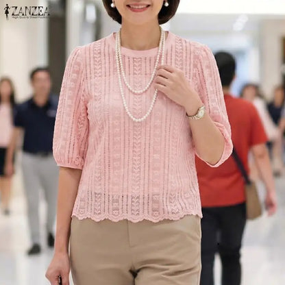 ZANZEA Womens Openwork Lace Blouses Elegant Half Puff Sleeve Solid Color O-Neck Tops 2026 Summer Casual Commute Blusas de Mujer
