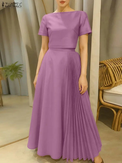 ZANZEA Fashion 2 Pieces Skirt Sets Women Elegant Boatneck Short Sleeve Crop Tops and Pleated Long Skirts Suits Woman Outfits 3XL