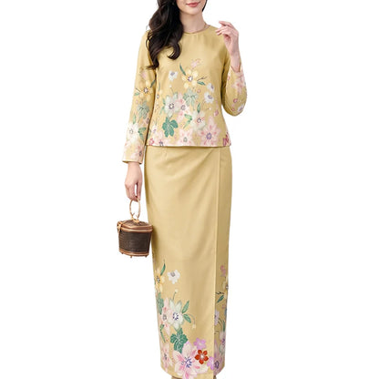 ZANZEA Women Elegant Floral Print 2 Pieces Skirt Sets Sophisticated Long Sleeve Blouses & Elastic Waist Maxi Skirts Co-ords Sets