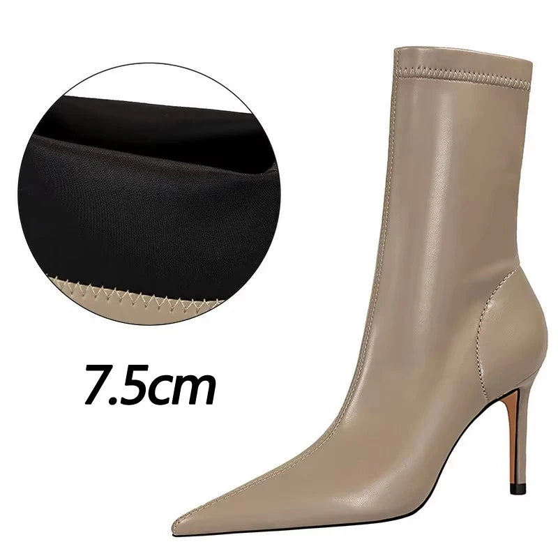 BIGTREE Shoes 2026 New Women Mid-Calf Boots Pointed Toe High-heel Boots Stiletto Heels Leather Boots Fashion Autumn Winter Boots