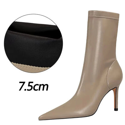 BIGTREE Shoes 2026 New Women Mid-Calf Boots Pointed Toe High-heel Boots Stiletto Heels Leather Boots Fashion Autumn Winter Boots