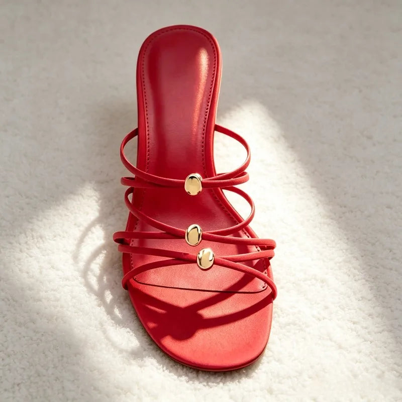 Unique Metal-decorated Kitten Heel Mules Sandals for Women Red Satin Narrow Band Slide Sandals Elegant Open-toe Designer Shoes