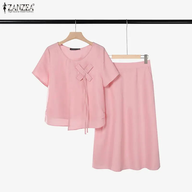 ZANZEA 2026Summer Outfits Elegant Women 2 Piece Sets O Neck Short Sleeve Blouse Dress Sets Solid A Line OL Work Midi Skirt Suit