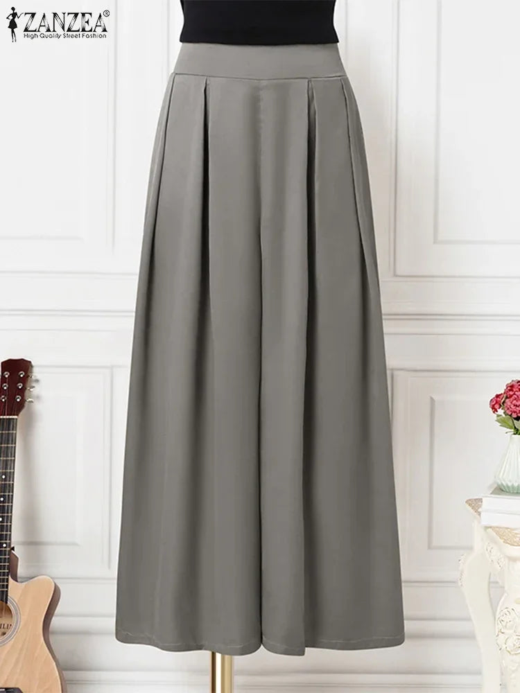 2025 ZANZEA Women High Waist Pants Elegant Wide Leg Long Trouser Satin Silk Formal Pantalons Summer Casual Pocket Office Bottoms