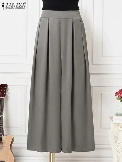 2025 ZANZEA Women High Waist Pants Elegant Wide Leg Long Trouser Satin Silk Formal Pantalons Summer Casual Pocket Office Bottoms