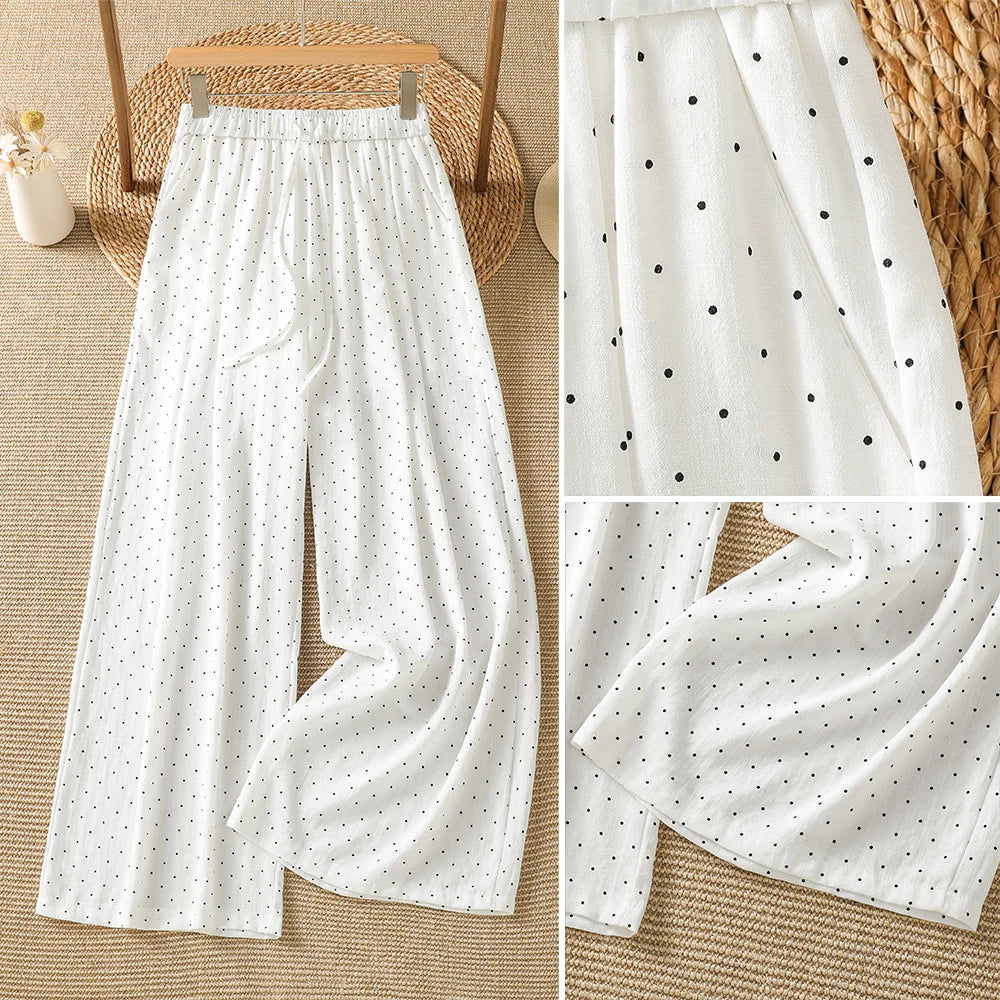 Summer New Vintage Small Polka Dot Loose Casual Wide Leg Pants Drawstring Waist Elastic Cotton Ladies Trousers