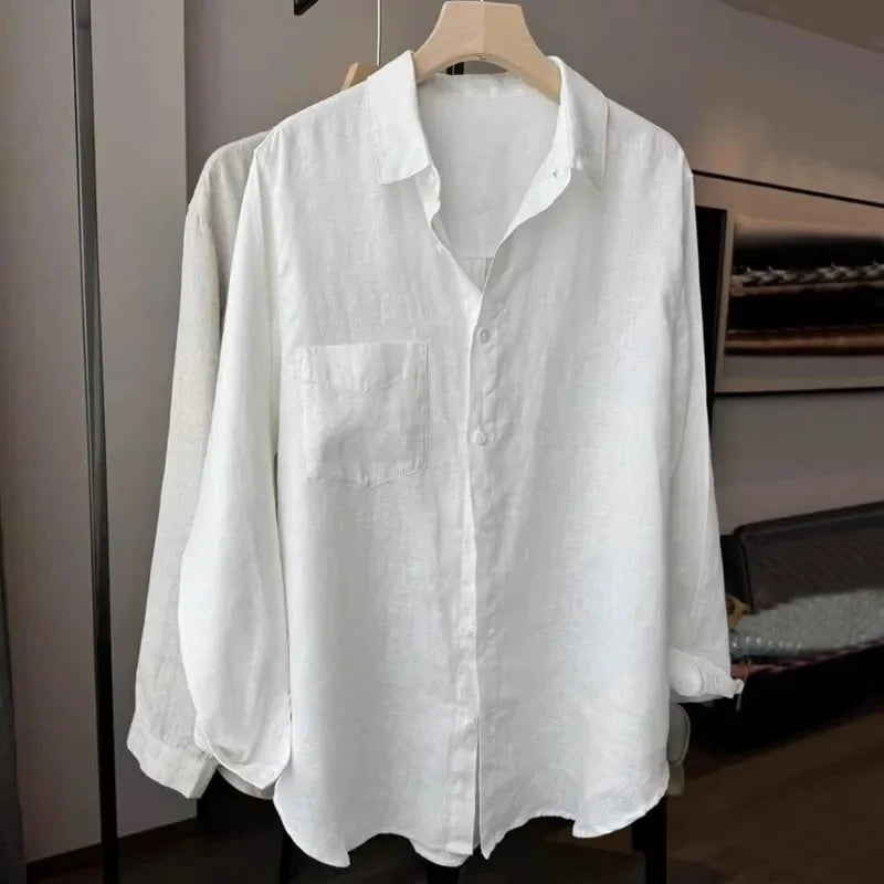 Loose Fit Linen Shirt Set Women Summer Thin Sun Protection Casual Wide Leg Pants Two Piece Suit Comfortable Breathable