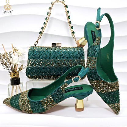 2026 Nigerian Women Heel Ladies Italian Luxury Design Green Shoes And Bag Set Decorated with Rhinestone Handbag Wedding Party
