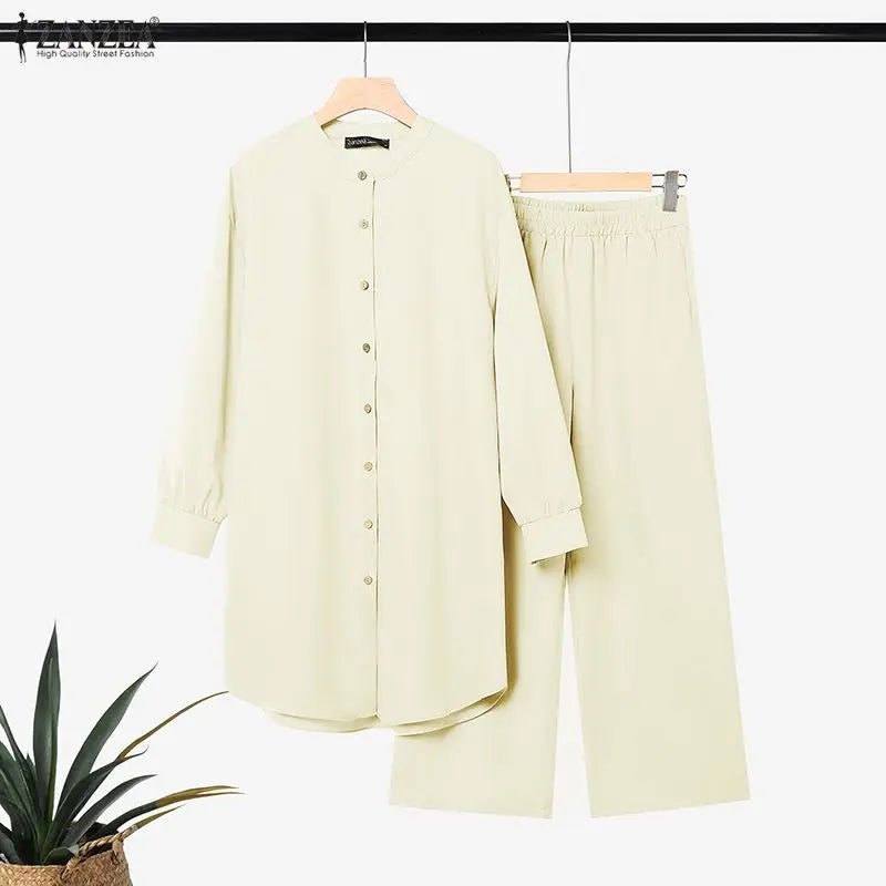 ZANZEA Women Pants Sets Two-piece Outfits Long Sleeve Stand Collar Blouse Wide Leg Pants Vintage Casual Matching Sets Steetwear