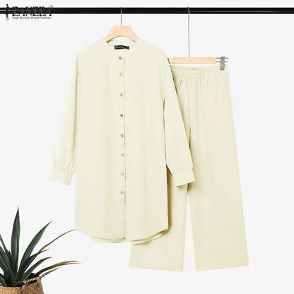 ZANZEA Women Pants Sets Two-piece Outfits Long Sleeve Stand Collar Blouse Wide Leg Pants Vintage Casual Matching Sets Steetwear