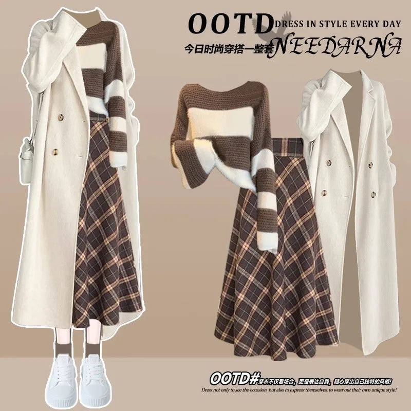 Fashion Women's Set Spring and Autumn Korean Edition Long Top Knitted Sweater+Casual Skirt Pants 3-Piece Set