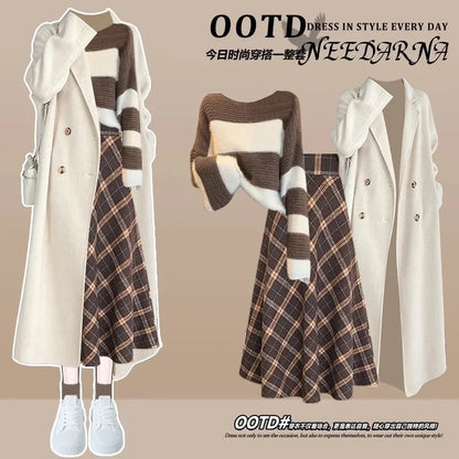 Fashion Women's Set Spring and Autumn Korean Edition Long Top Knitted Sweater+Casual Skirt Pants 3-Piece Set