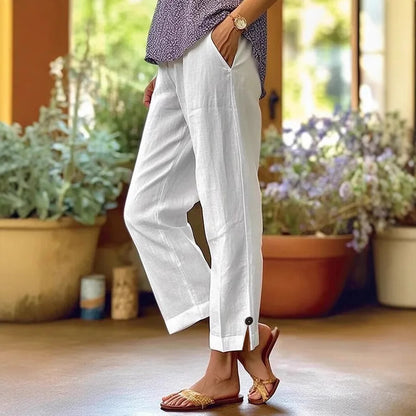 Women's Casual Pants Cotton and Linen Blend Elastic Waist Pocket Fashion Simple Slit Button Basic Versatile Straight Leg Pants