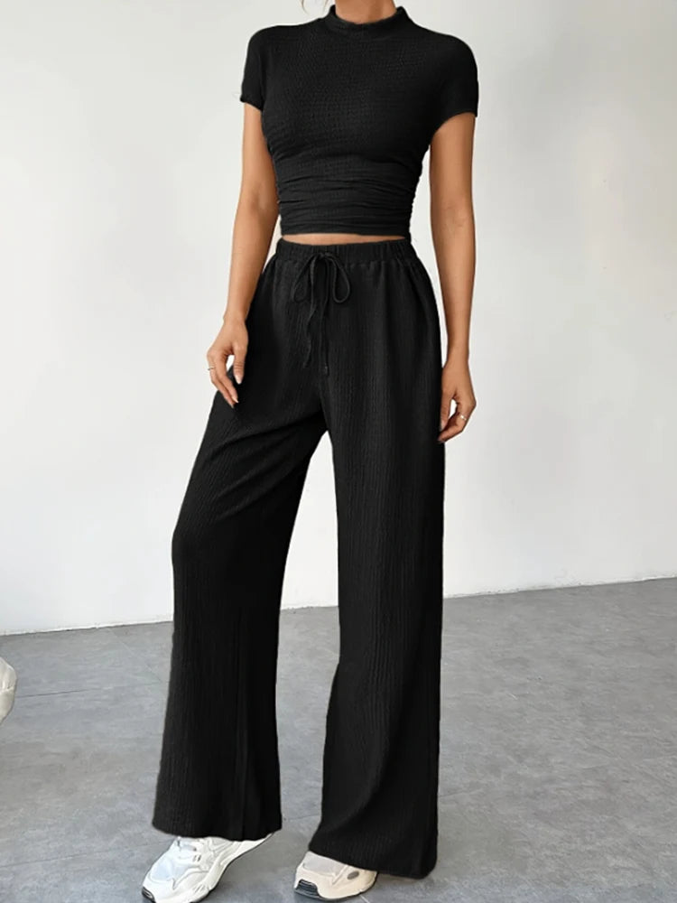 2Pcs/Set Women's Casual Sports Set Spring and Summer Basic Solid Color Slim Lady's Round Neck Short Sleeve Top and Floor Pants