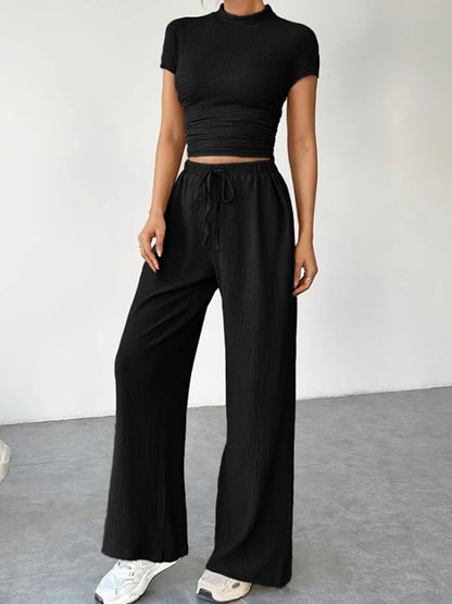 2Pcs/Set Women's Casual Sports Set Spring and Summer Basic Solid Color Slim Lady's Round Neck Short Sleeve Top and Floor Pants