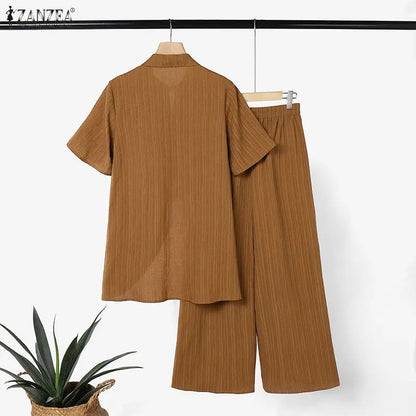 ZANZEA Fashion Summer 2 Pieces Sets 2PCS Short Sleeve Blouse Trousers Suit Women Outfits Asymmetrical Hem Tops OL Work Pant Sets