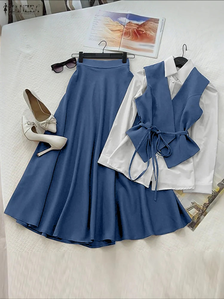 2025 ZANZEA Women Autumn 2 Piece Outfits Long Sleeve Patchwork Shirts and Long Skirts Fashion Dress Sets Elegant Office OL 2pcs