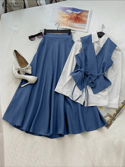 2025 ZANZEA Women Autumn 2 Piece Outfits Long Sleeve Patchwork Shirts and Long Skirts Fashion Dress Sets Elegant Office OL 2pcs
