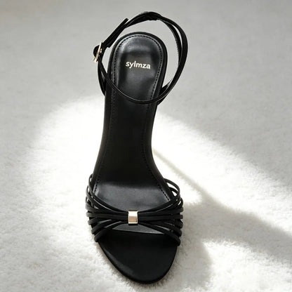 Gold Narrow Band Metal Detail Heeled Sandals Women Fashion Ankle Strap Buckle Stiletto Designer Shoe Elegant Open-toe Party Shoe