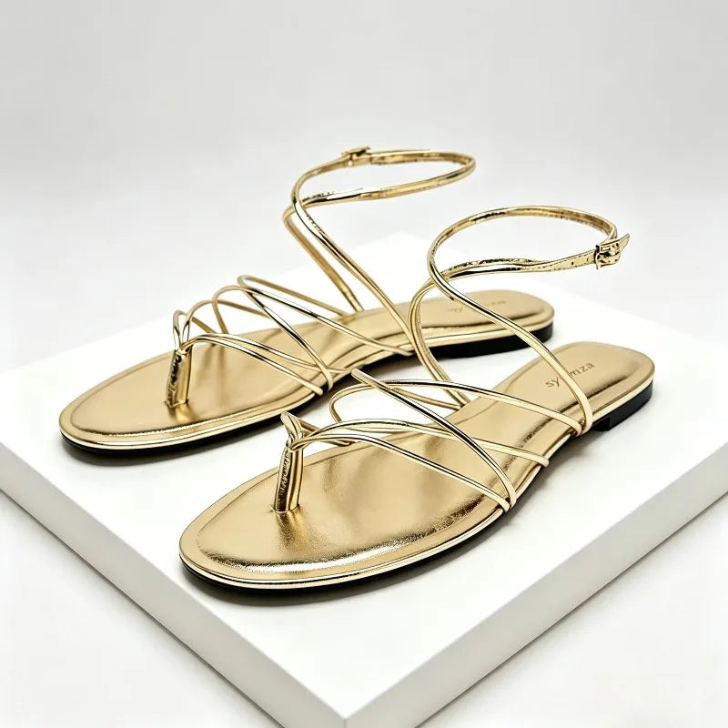 Gold Narrow Strap Cross Strap Design Flat Sandals Women Summer Sexy Women's Flip Flops Elegant Ankle Strap Dress Shoes Sandalias