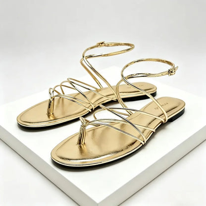 Gold Narrow Strap Cross Strap Design Flat Sandals Women Summer Sexy Women's Flip Flops Elegant Ankle Strap Dress Shoes Sandalias