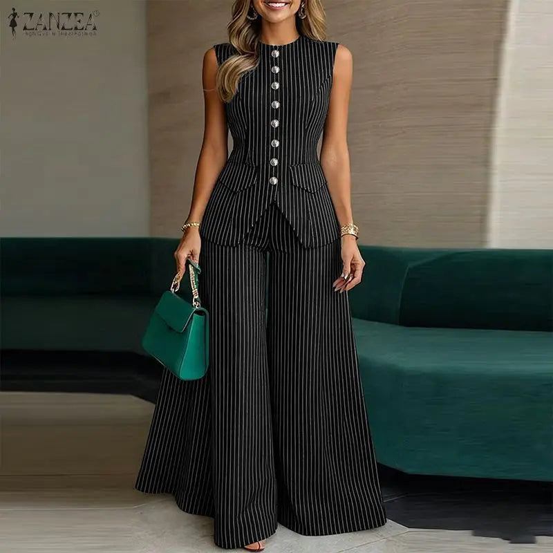 ZANZEA Women's Elegant Pant Suits Striped Sleeveless Vest Tops & Wide Leg Pant 2 Pieces Sets Office Fashion Commuting Outfits