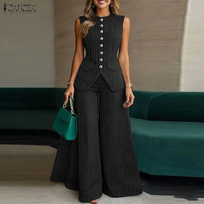 ZANZEA Women's Elegant Pant Suits Striped Sleeveless Vest Tops & Wide Leg Pant 2 Pieces Sets Office Fashion Commuting Outfits