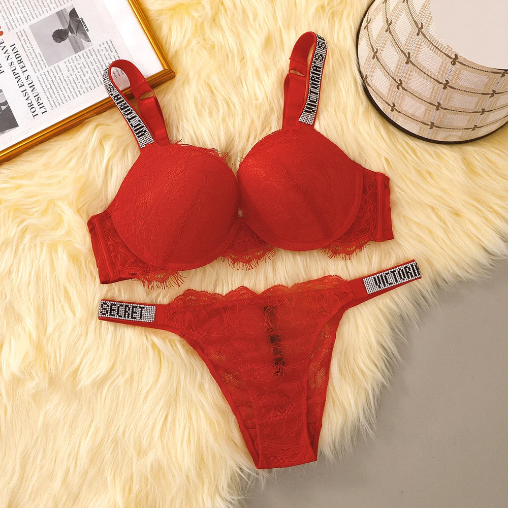 Victoria Secret Sexy Lingerie Set Very Sexy Eyelash Lace Fringe Trim Push Up Bra Shine Script Thong Panty Women