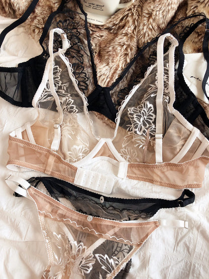 French Sexy Ultra Thin Women Underwear Deep V Push Up Bra Romantic Lace Flowers Embroidery Lingerie Wire Free Bra and Thong Sets
