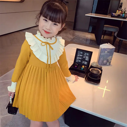 2025 New Girls Autumn Winter Ruffled Collar Long Sleeve Knit Princess Dress Stylish Childrens Cotton Dress