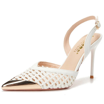 BIGTREE Fashion Hollow Woven Slim Heel Sandals Women Shoes Summer Advanced Metal Pointed High Heels Women Pumps Stiletto 8.5 cm