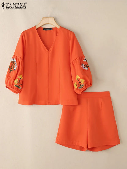 ZANZEA Summer Elegant V Neck 3/4 Sleeve Blouse Short Sets 2PCS Women Outfits Casual Holiday Matching Sets Fashion Work Tracksuit