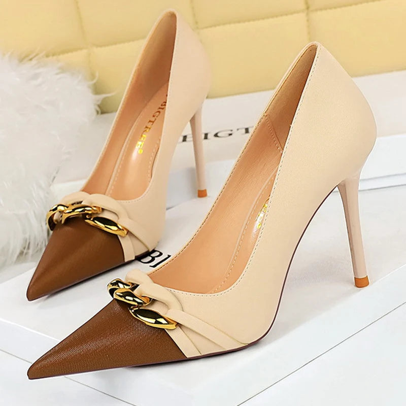 BIGTREE Shoes Women Pumps Metal Chain Decoration High Heels Mixed Colors Pointed Stilettos Lady Heels Party Shoes Female Pumps