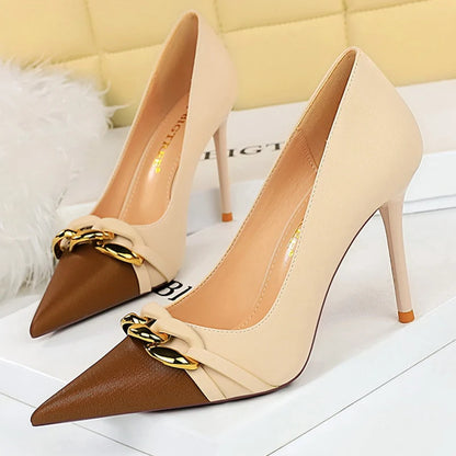 BIGTREE Shoes Women Pumps Metal Chain Decoration High Heels Mixed Colors Pointed Stilettos Lady Heels Party Shoes Female Pumps