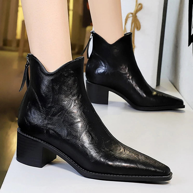Retro Scratch Pattern Women's Boots, Thick Heel, Pointed Toe Short Boots , Slimming Women Ankle Boots Mid Heel Leather Boots