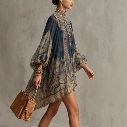 2026 hot  European and American turtleneck printed chiffon dress loose vacation style shawl long-sleeved women's dress