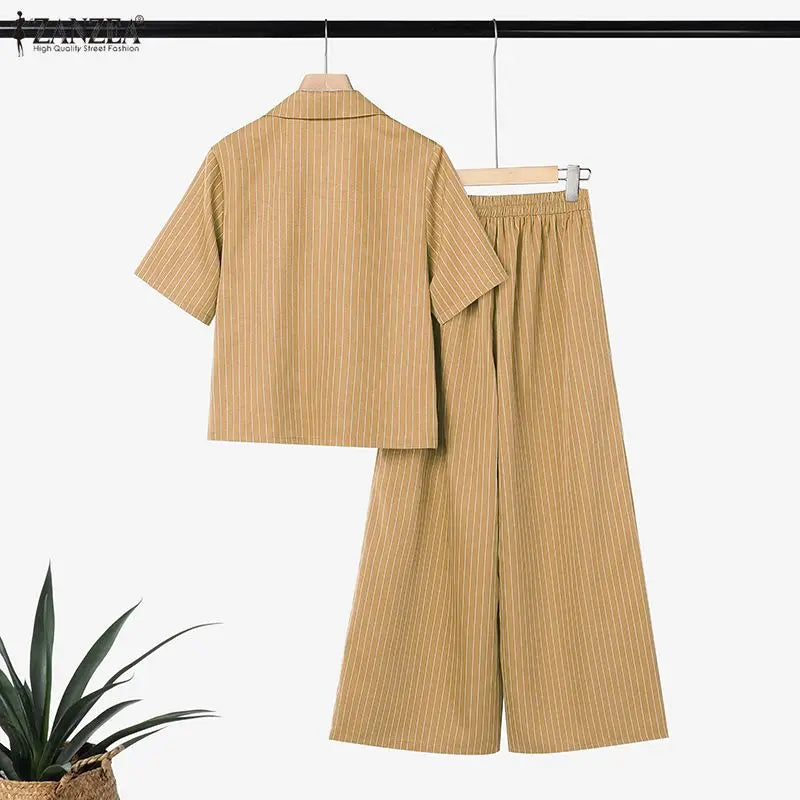 ZANZEA 2026 Women 2 Piece Pant Sets Elegant Striped Short Sleeve Blazer & Wide Leg Pant Suits Office Lady Commute Work Outfits