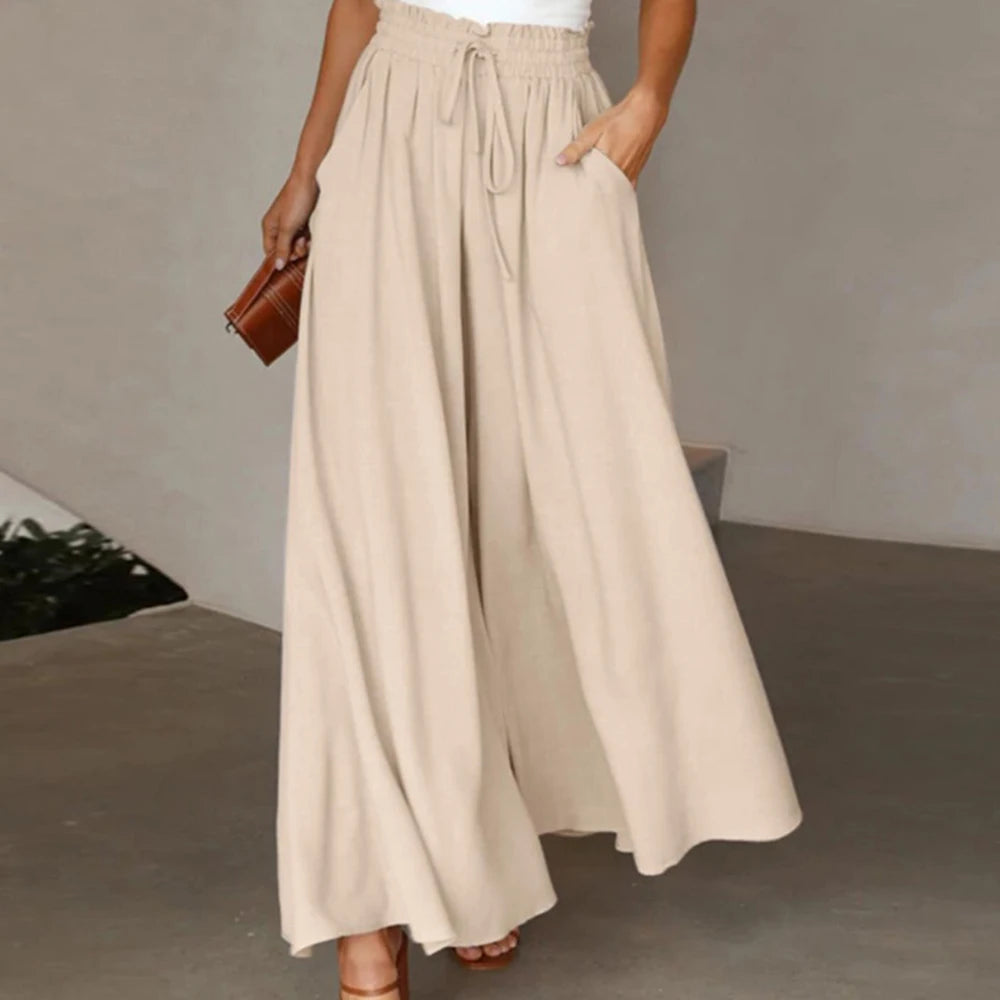 Women Summer Autumn Elegant Solid Chiffon Pants Casual Elastic Waist Wide Leg Pants Loose Straight Trouser Vacation Beach Street