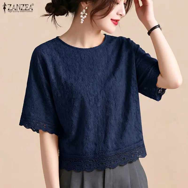 ZANZEA Women Bohemian Lace Patchwork Blouses Loose O-Neck Half Sleeve Solid Color Tops 2026 Summer Daily Casual Blusas de Mujer