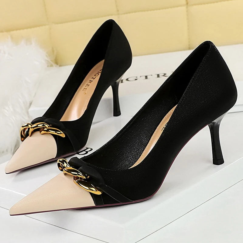 BIGTREE Shoes Women Pumps Metal Chain Decoration High Heels Mixed Colors Pointed Stilettos Lady Heels Party Shoes Female Pumps