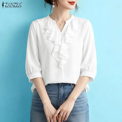 ZANZEA Women Ruffles Blouses Summer 3/4 Sleeve Tops Solid Color Fashion Tee V Neck Blusas Streetwear OL Work Tunic Female
