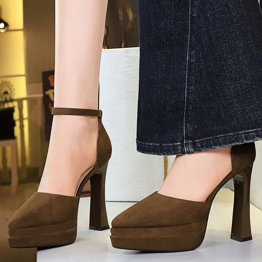 BIGTREE Shoes Platform Heels Women Pumps Chunky Heel Ladies Shoes Suede Ultra High Heels 11 cm Buckle Heeled Sandals Summer Shoe