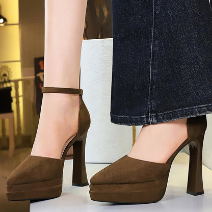 BIGTREE Shoes Platform Heels Women Pumps Chunky Heel Ladies Shoes Suede Ultra High Heels 11 cm Buckle Heeled Sandals Summer Shoe